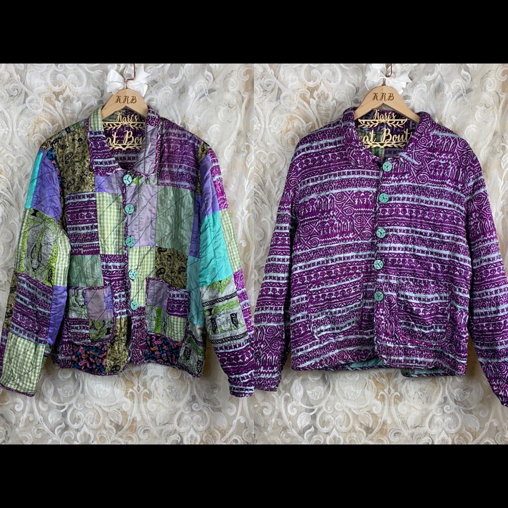 Vintage reversible patchwork lightweight button up jacket grandmacore quilted L